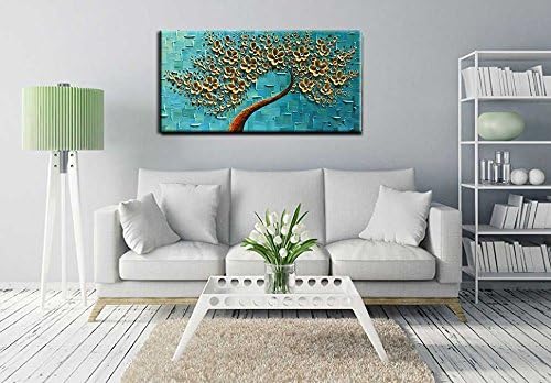 YaSheng Art - Handmade 3D Golden Flowers Artwork Oil Painting On Canvas Texture Palette Knife Flowers Tree Abstract Landscape Paintings Modern Home For Living Room Bedroom Decor Wall Art 20X40 inch