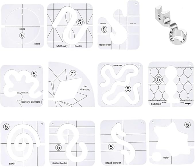 11Pcs Quilting Template Kit with Low Shank Ruler Foot & Non-Slip Stickers - Free Motion Quilting Rulers for Sewing Machines, DIY Crafting Essentials
