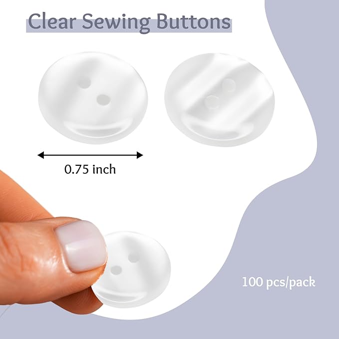 3/4" 100 Pack Clear Buttons for Sewing 0.75 inch 2 Hole Large Transparent Glossy 30L Round Plastic Bulk Sewing Buttons for Workwear School Outfits Aprons Pants Uniforms Jackets Bags DIY Crafts