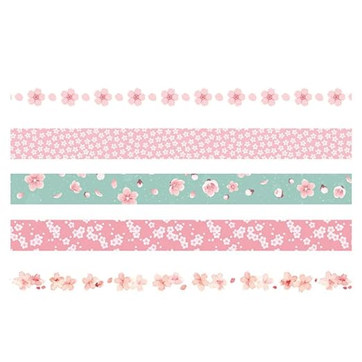 YUBX 5 Rolls Washi Tape Set Creative Basic Skinny Decorative Tapes for Arts, DIY Crafts, Journals, Planners, Scrapbooking, Wrapping (Sakura)