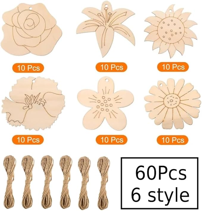60 Pcs Wooden Ornaments, BetterJonny 3.15 * 2.56in Unfinished Natural Wood Slices with Holes Blank Wood Discs with 60pcs Jute Rope for DIY Christmas Decoration