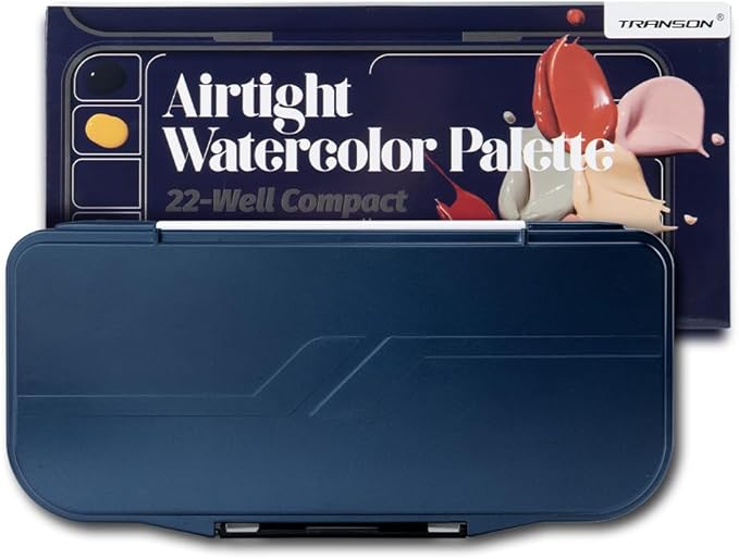 Transon Watercolor Palette Folding with Lid 18wells 2 Mixing Areas and 1 Large Mixing Tray Also for Gouache Acrylic Paint Palette Navy Blue