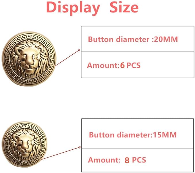 14 Pieces Lion Gold Metal Blazer Button Set 15MM 20MM for Blazers, Suits, Sport Coats, Uniform, Jackets (MBM23)