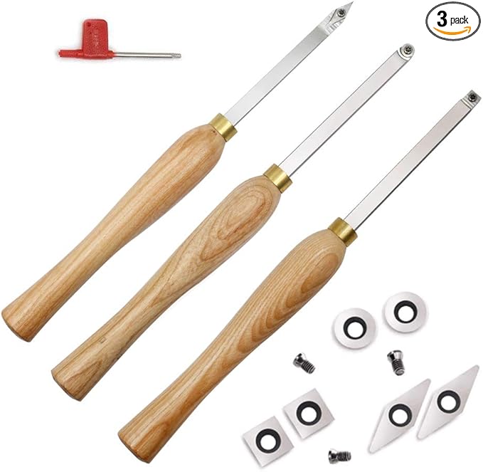 Carbide Woodturning Tool Mini Size (3 Piece Set) Includes Diamond, Round and Square Turning Tools With Comfort Grip Handles Perfect For Small to Mid-Size Projects