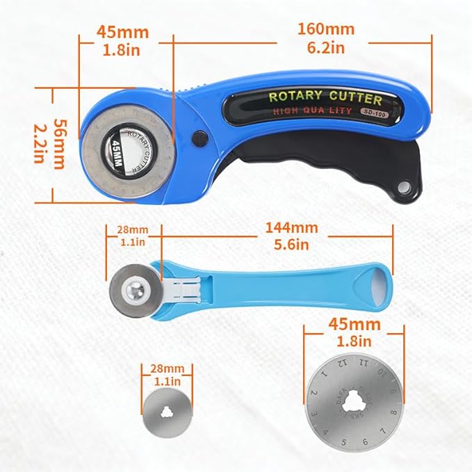 Rotary Cutter for Fabric, 45mm and 28mm Rotary Cutters Kit with Extra 10 Blades, Ergonomic Rolling Cutter with Safety Lock, Suitable for Leather, Crafting, Sewing, and Quilting Fabric (Blue)