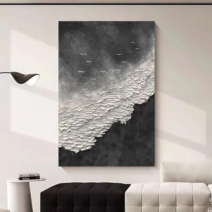 YaSheng Art - Thick Texture Abstract Oil Painting Hand-Painted sea wave Black and White Wall Art Minimalist modern Art Paintings Home Living room Room Dining Room Bedroom Wall Decorative Art Oil Painting 24x36inch