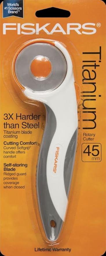 Fiskars 45mm Rotary Cutter for Fabric, Titanium Rotary Cutter Blade for Precise Cuts, Right and Left Handed, Comfort Handle, Arts and Crafts, Sewing Supplies and Quilting Tools