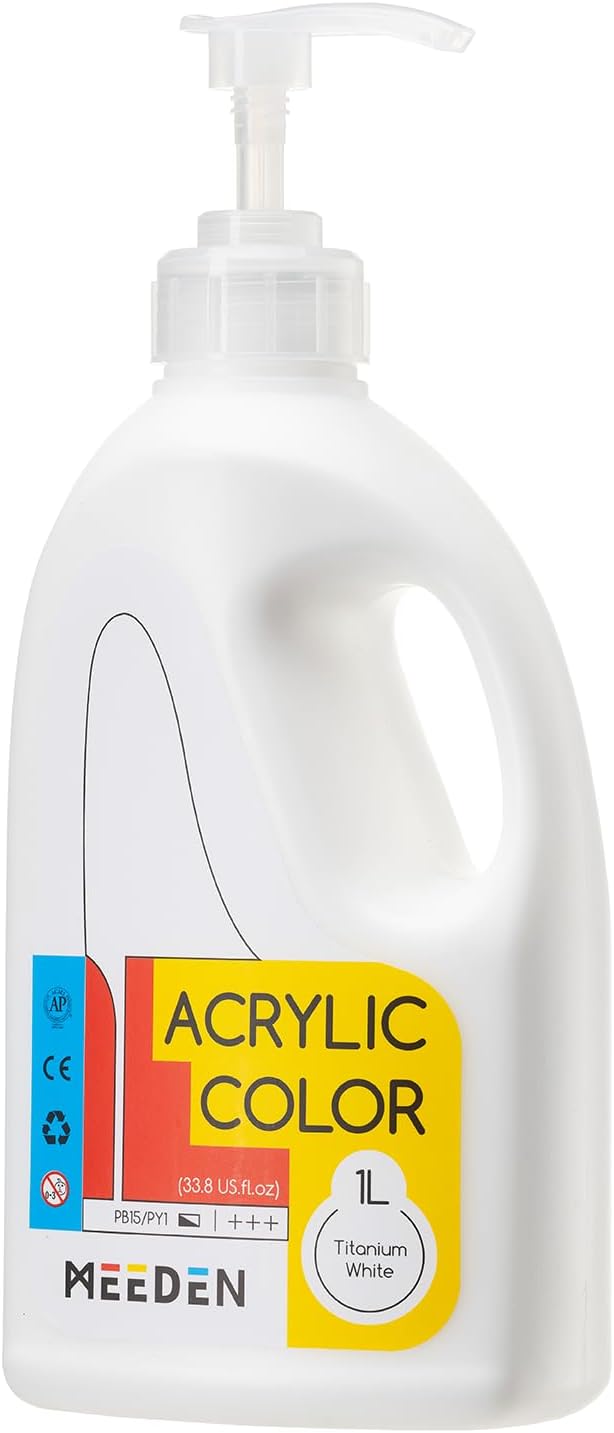 MEEDEN Titanium White Acrylic Paint: 1 L /33.8 oz White Liquid Paint with Pump Lid - Soft Body Art Paints for Canvas, Studio, School, Wall & Poured Paintings