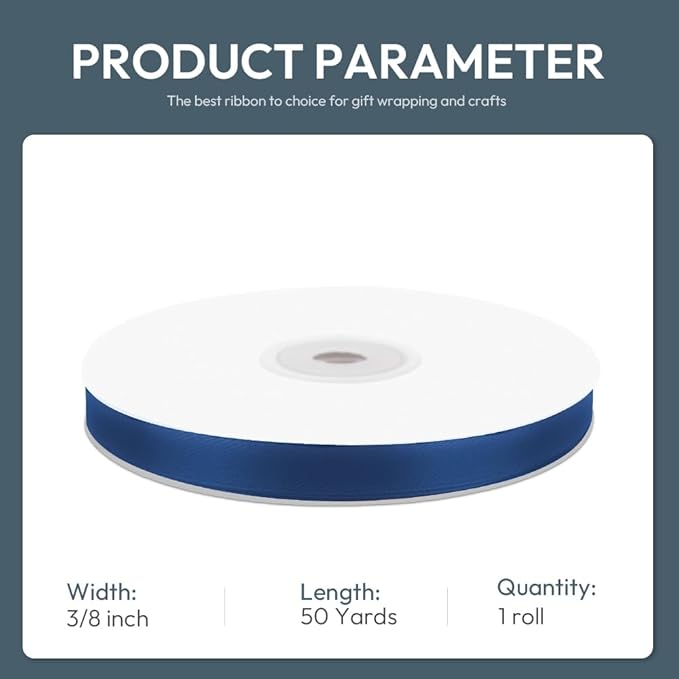 KMER LIFE 3/8" Wide x 50 Yards Navy Blue Single Faced Polyester Satin Ribbon, Navy Blue Satin Ribbon Perfect for Wedding Decor, Wreath, Crafts, Gift Wrapping & Other Projects (Navy Blue)