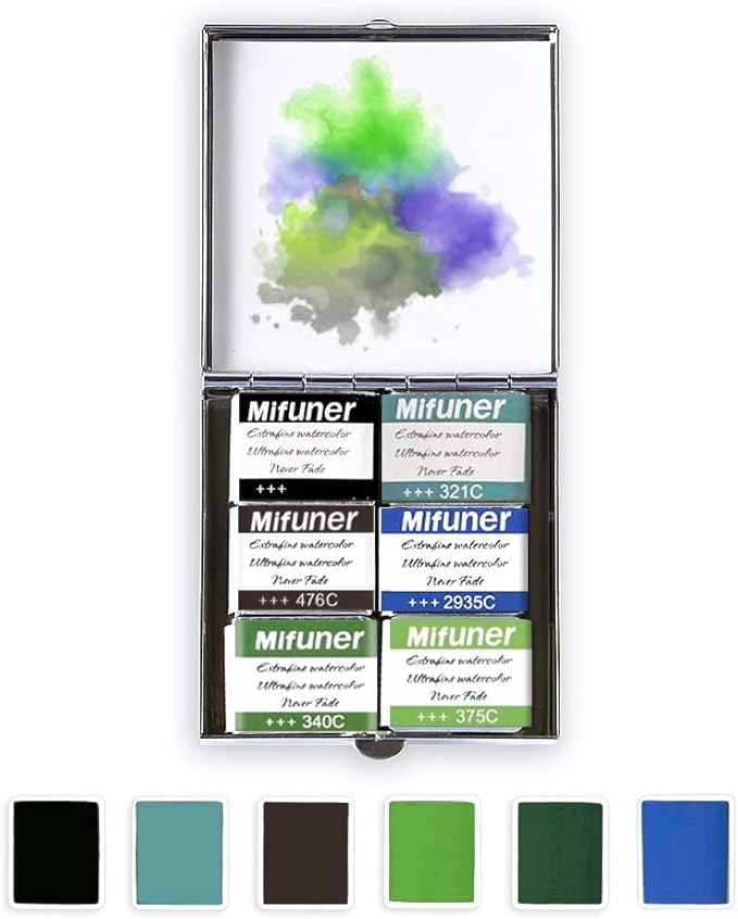 Mini Portable Handmade Artist Watercolor Paint Travel Metallic Box Set with 6 Solid Watercolor Half Pans (Each Capacity Approx 1.5ml).Mix Color 10