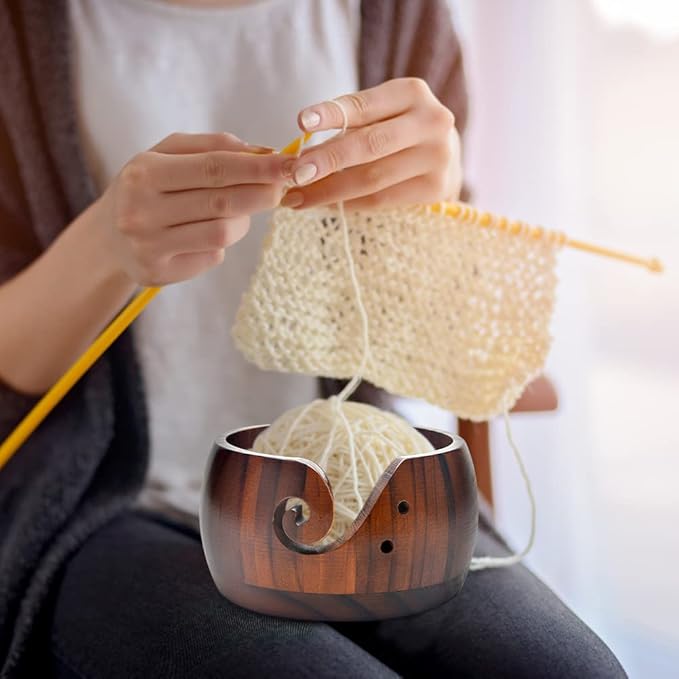Wooden Yarn Bowl with Bamboo Crochet Hooks, Knitting Accessories DIY Hand Craft Yarn Holder Dispenser Storage Bowl for Skeins, Birthday Gifts for Crocheters Knitting Lovers(Color:Brown)
