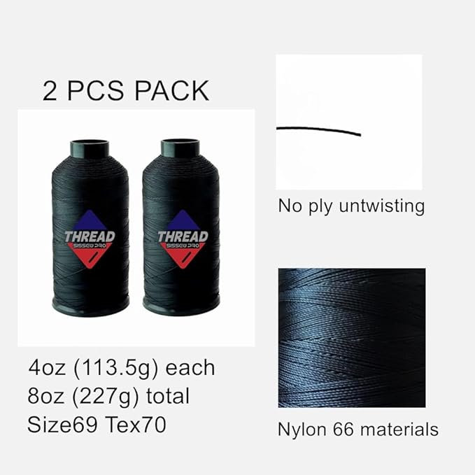 Sissewpro Tex70 Bonded Nylon Thread 69 Upholstery Thread Heavy Duty Threads for Sewing Machine Strong Black Threads for Leather, Beading, Hair Weaving, Denim, Canvas,Webbings, 4oz 1500yds（2, Black）