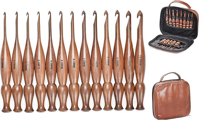 Wooden Crochet Hooks Set of 13 for Arthritic Hands | Ergonomic Soft Grip Handcrafted Knitting Needle for Crocheting and Knitting (Brown (Crochet - 4))