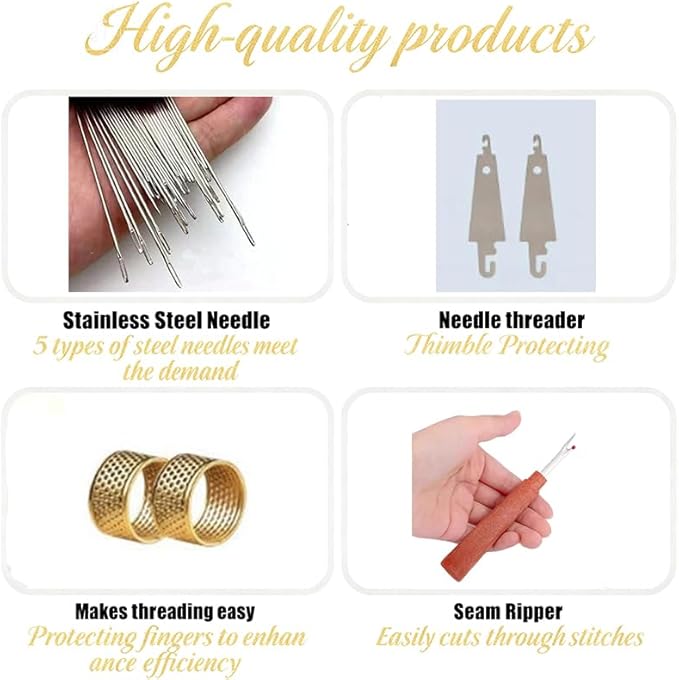 37Pcs Steel Needles for Fand Sewing Kit, Big Eye Steel Sewing Needles Kit, Stainless Steel Needles for Hand Sewing Kit with Thread Ripper, Needle Threaders, Threads and Thimbles