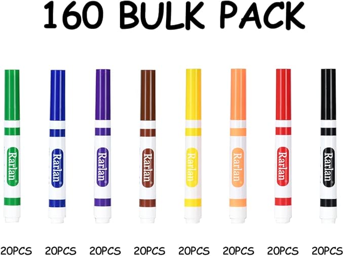 Rarlan Washable Markers Bulk, Markers for Kids, Bulk pack, 8 Colors, 160 Count
