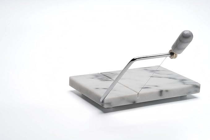 Marble Cheese Slicer for Block Cheese, 5" x 8" White Marble Cheese Board and Cutter with 2 Replacement Stainless Steel Wires, Heavy Duty Cheese Slicer Kit for Home Kitchen and Charcuterie
