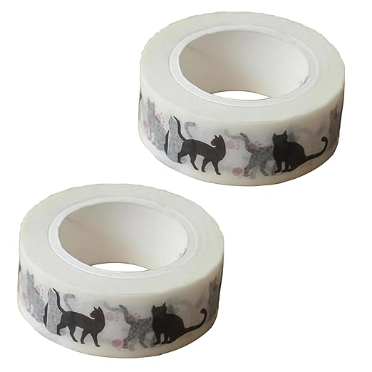 2Pcs Black Cat Kawaii Washi Decoration Cat and Masking Tape - 1.5cm*10m for DIY Scrapbooking, Crafts and Planners