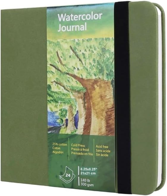 tumuarta Square Watercolor Journal, 8.25x8.25”, 140 LB, 300 GSM, Cotton Paper, Cold Press, 24 Sheets, 48 Pages, Watercolor Paper Sketchbooks for Use As Travel Mixed Media Pads On The Go (Green)
