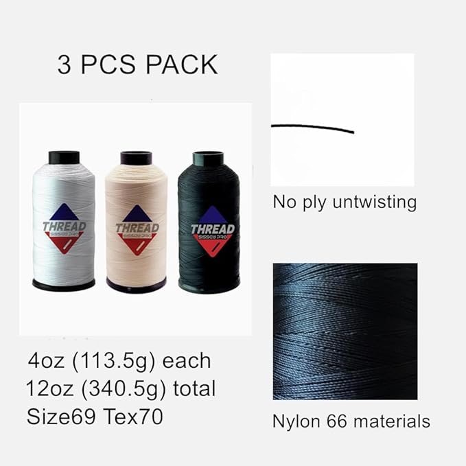 Sissewpro Tex70 Bonded Nylon Thread 69 Upholstery Thread Heavy Duty Threads for Sewing Machine Strong Black Threads for Leather, Beading, Hair Weaving, Denim, Canvas, 4oz 1500yds（3, BK&WH&BGE）