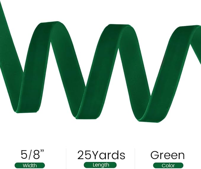 5/8" Wide x 25 Yards Velvet Ribbon, Vintage Single Face Velvet Ribbons for Gift Wrapping, Christmas Wrapping Bows, Wedding Decor, Sewing and More (Forest Green)