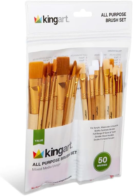 KINGART 50-Piece Paint Brush Set, Acrylic, Oil, Watercolor Gouache Paints, Face & Nail, Miniature Detailing & Rock Painting for Adults & Kids
