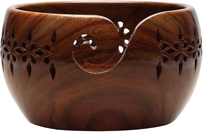 Wooden Large Yarn Bowl (7x4) – Yarn Holder for Crocheting & Knitting – Crochet Bowl with Carved Holes – Yarn Ball Storage Christmas Gift for Women