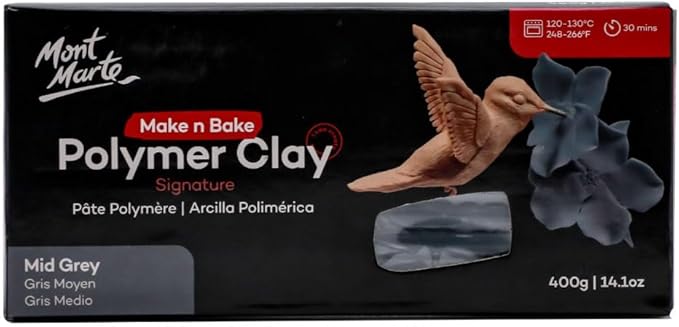 Mont Marte Make n Bake Polymer Clay Signature Mid Grey 400g (14.1oz) Block, Bake in Oven, Soft and Smooth, Sculpting, Craft, DIY Décor, Jewelry