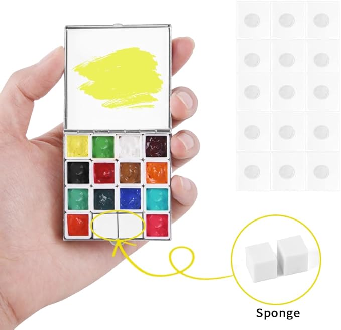 Portable Mini Tin Box 14-Well Empty Watercolor Palette Paint Mixing Tray is a Small Storage Travel Kit with Magnetic Clip and Oil Pot, Perfect for Outdoor Sketching and DIY Painting.Field