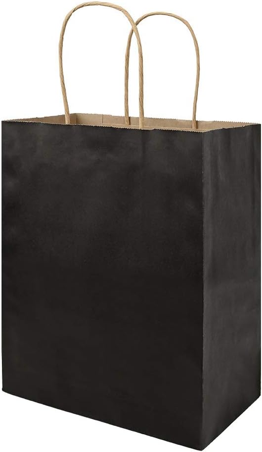 bagmad 50 Pack Medium 8x4.75x10 Inch Black Gift Paper Bags with Handles Bulk, Kraft Bags, Craft Grocery Shopping Retail Party Favors Wedding Business Sacks (Black, 50pcs)