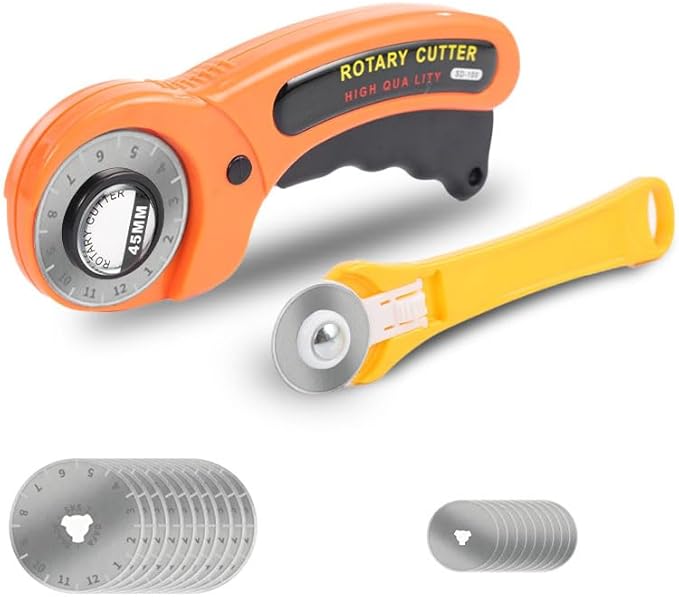 Rotary Cutter for Fabric, 45mm and 28mm Rotary Cutters Kit with Extra 10 Blades, Ergonomic Rolling Cutter with Safety Lock, Suitable for Leather, Crafting, Sewing, and Quilting Fabric (Orange)