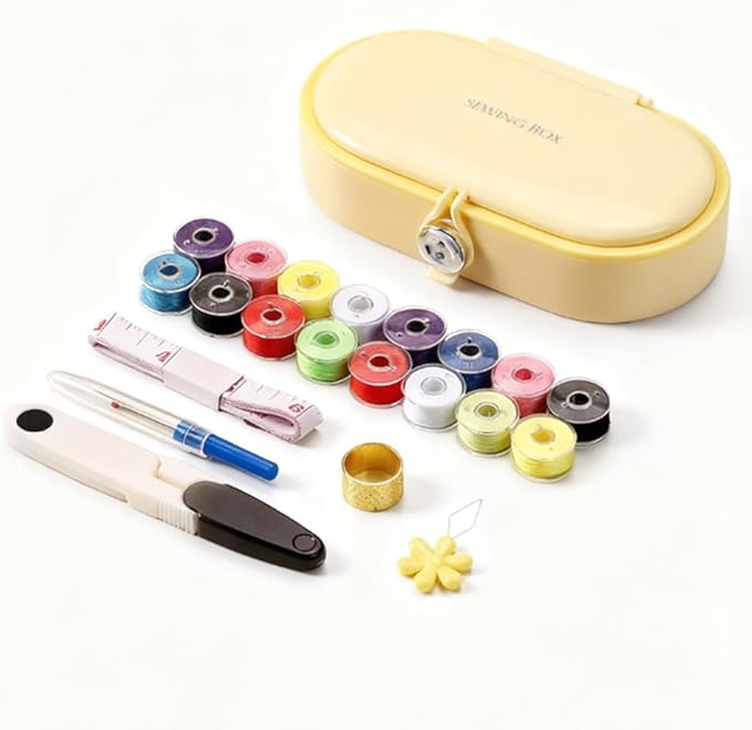 Portable Sewing Kit with 16 Color Thread Spools, Magnetic Needle Box, Scissors, Thimble, Complete Tools for Basic Repairs, Card Slot Design