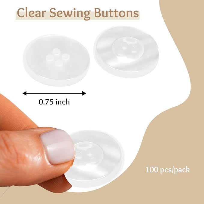 100 Pcs Clear Buttons for Sewing 3/4" (19 mm) 4 Hole 30L Imitation Pearl 0.75 inch Plastic Large Transparent Glossy Sewing Buttons for Work Uniforms Workwear School Outfits Aprons Pants Bags DIY