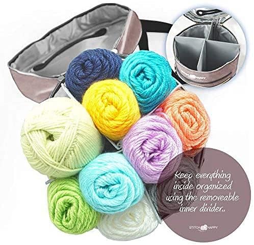 Designer Stitch Happy Crocheting Kit: 52 Piece Crochet Kit for Beginners & 7 Pocket Yarn Bag, Signature Yarn Storage - Tan