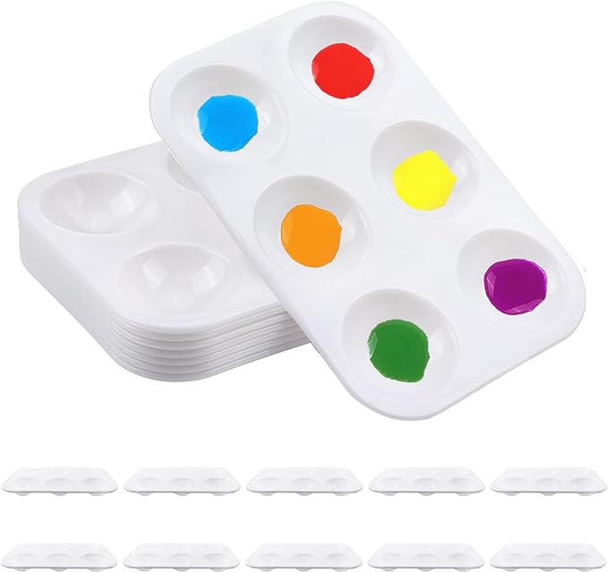 10 PCS Plastic Paint Palettes, 6 Wells Rectangular White Tray Palettes for DIY Craft and Art Painting Party Watercolor (4.72 * 3.26 inch)