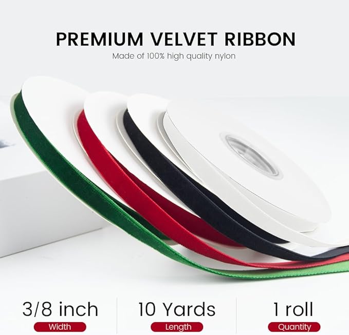 3/8" Wide x 10 Yards Velvet Ribbon, Vintage Single Face Velvet Ribbons for Gift Wrapping, Christmas Wrapping Bows, Wedding Decor, Sewing and More (White)
