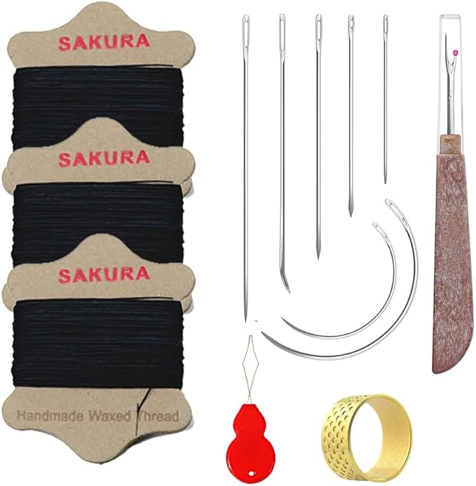 SAKURA Upholstery Repair Kit, 0.55mm ，Round Waxed Sewing Thread (3 Colors) & Heavy Duty Needles (7 PCS) for Leather, Canvas & Quilting Thread (3-Black)