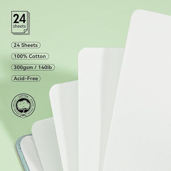 Lightwish Square Watercolor Journal,100% Cotton,300gsm/140lb,Acid-Free,24 Sheets Hot Press Watecolor Sketchbook for Artists Adults Students,4.7 * 4.7 Inches(Light Green)