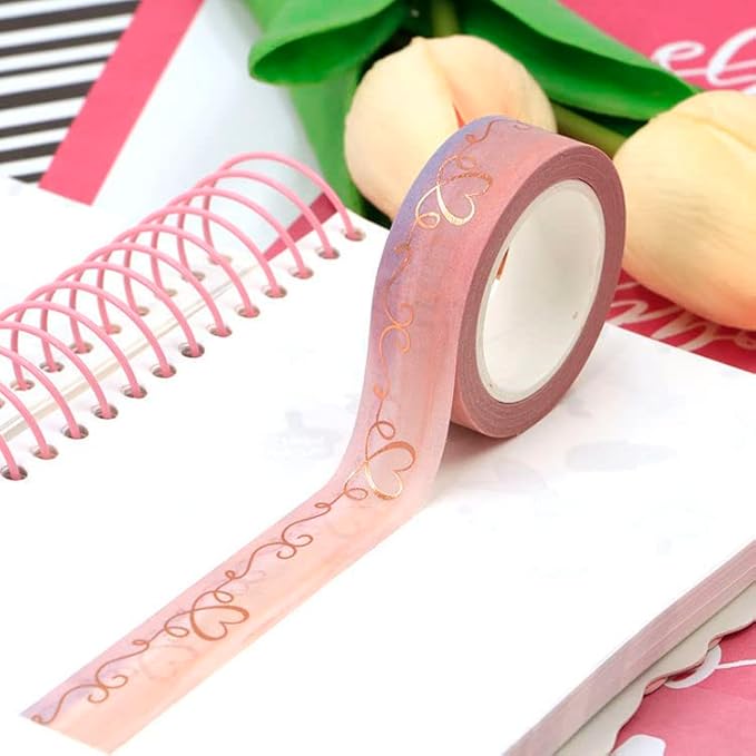 Heart Cursive Pattern Bronzing Foil Embossed Pink Printing Washi Tape Decorative Self Adhesive Masking Tape 15mm x 10 Meters for Scrapbooking