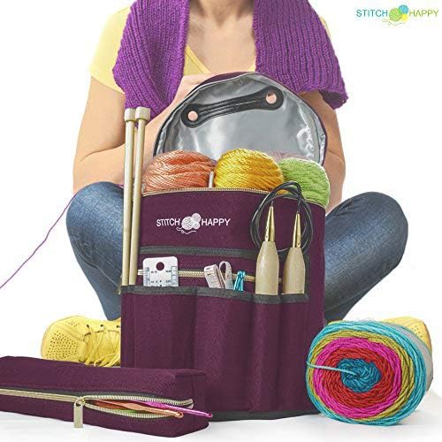 Designer Stitch Happy Crocheting Kit: 52 Piece Crochet Kit for Beginners & 7 Pocket Yarn Bag, Signature Yarn Storage - Royal Purple