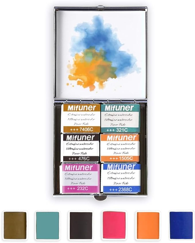 Mini Portable Handmade Artist Watercolor Paint Travel Metallic Box Set with 6 Solid Watercolor Half Pans (Each Capacity Approx 1.5ml).Mix Color 07