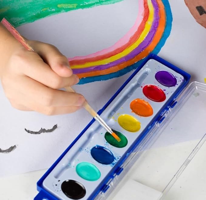36 Pack of Watercolor Paint Sets for Kids - Quality Wood Brush - Washable - Nontoxic - 8 Vibrant Colors - Closable Lid