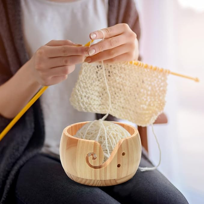 Wooden Yarn Bowl with Bamboo Crochet Hooks, Knitting Accessories DIY Hand Craft Yarn Holder Dispenser Storage Bowl for Skeins, Birthday Gifts for Crocheters Knitting Lovers(Color:Varnish Color)