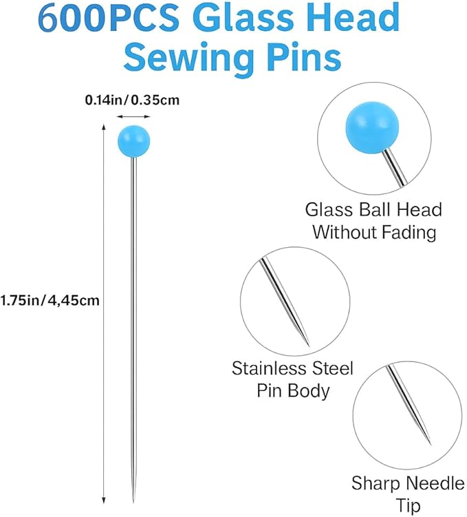 600 PCS Straight Pins,1.75IN Quilting Pins Long,Yellow and Blue Glass Head Sewing Pins for Fabric,Stainless Steel Dressmaker for Sewing, Crafts, Jewelry Making, DIY