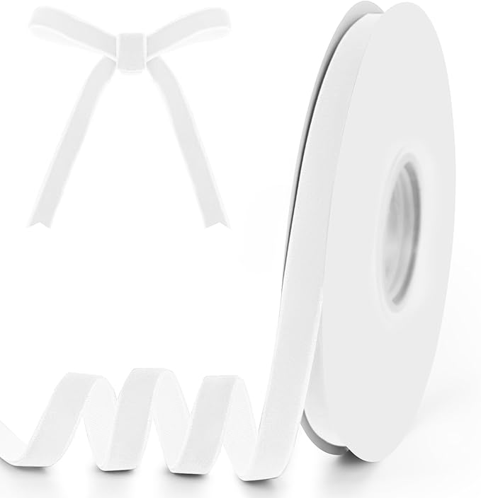 3/8" Wide x 10 Yards Velvet Ribbon, Vintage Single Face Velvet Ribbons for Gift Wrapping, Christmas Wrapping Bows, Wedding Decor, Sewing and More (White)