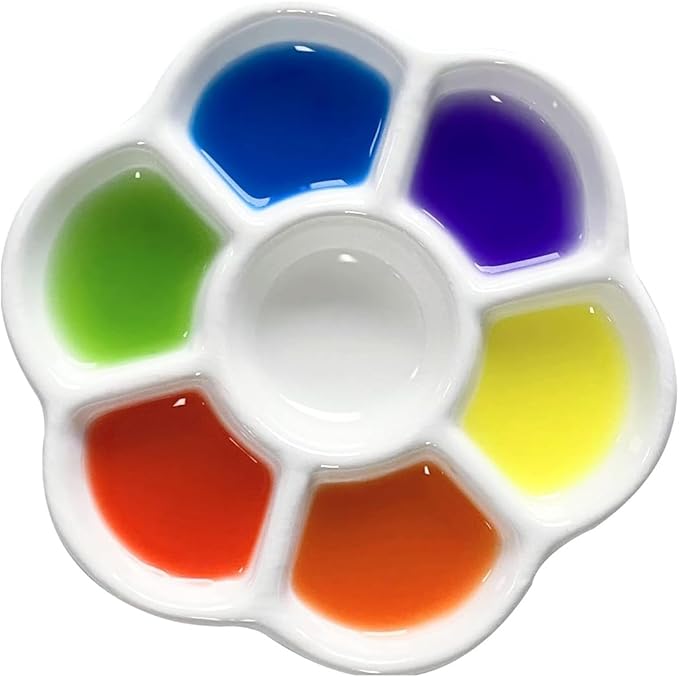 7 Wells Ceramic Paint Palette - Porcelain Watercolor Paint Palette Tray Mixing Flower Palette Tray for Watercolor Gouache Painting,Round,Arts & Crafts Accessories(4.5inch)