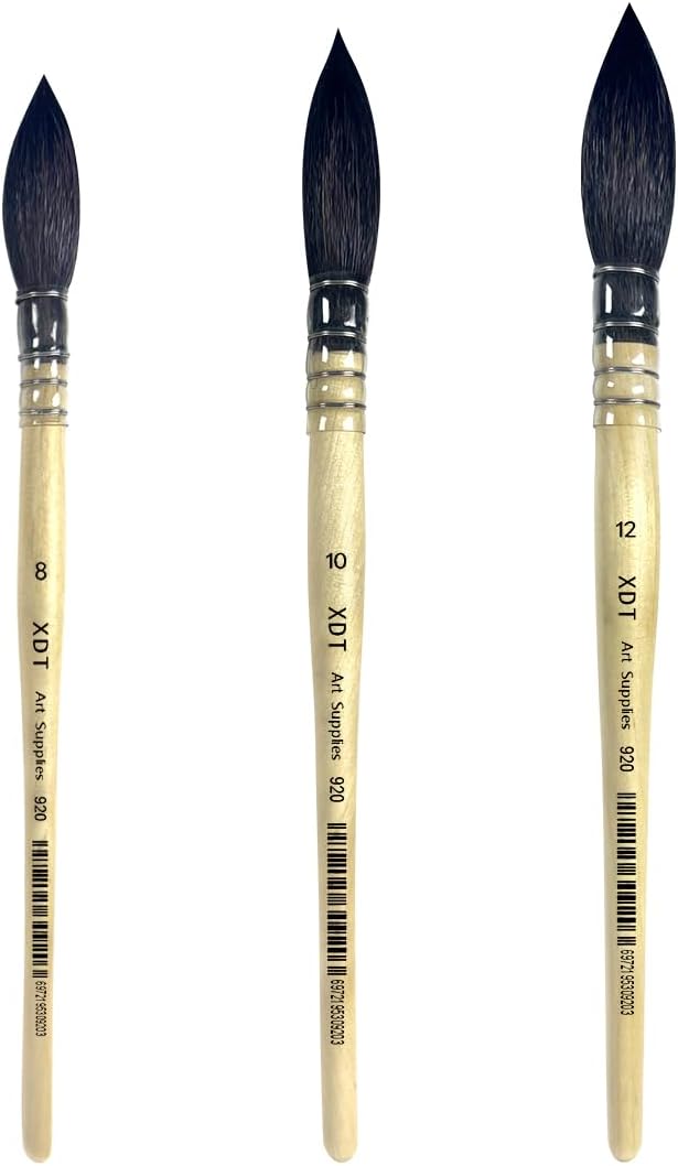 XDT#920 Round Watercolor Artist Paint Brush 3 Piece Set Medium Soft Black Goat Hair Long Handle #8#10#12, Mop Style Paint Brush for Watercolor & Acrylic & Oil