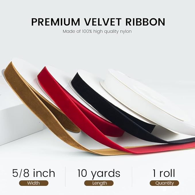 5/8" Wide x 10 Yards Velvet Ribbon, Vintage Single Face Velvet Ribbons for Gift Wrapping, Christmas Wrapping Bows, Wedding Decor, Sewing and More (Khaki)