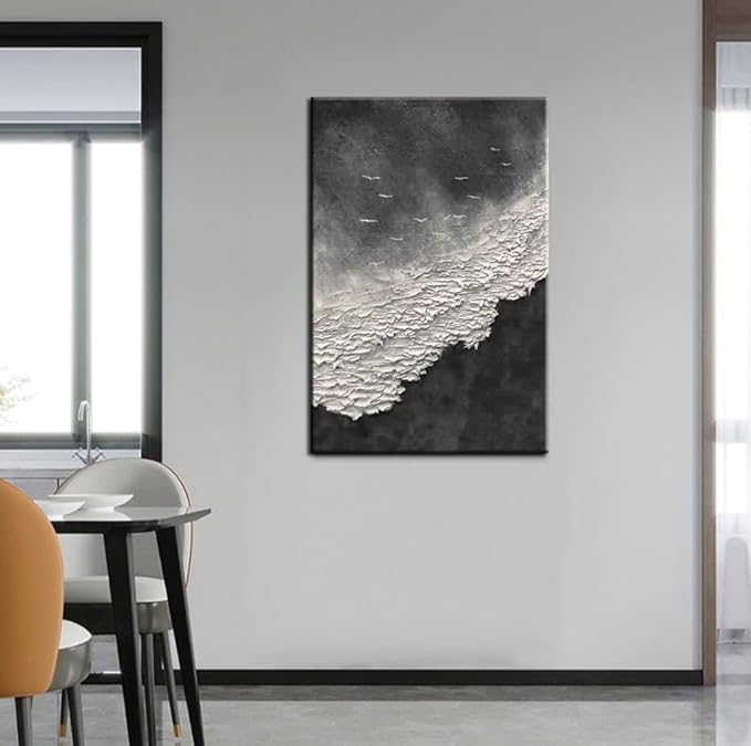 YaSheng Art - Thick Texture Abstract Oil Painting Hand-Painted sea wave Black and White Wall Art Minimalist modern Art Paintings Home Living room Room Dining Room Bedroom Wall Decorative Art Oil Painting 24x36inch