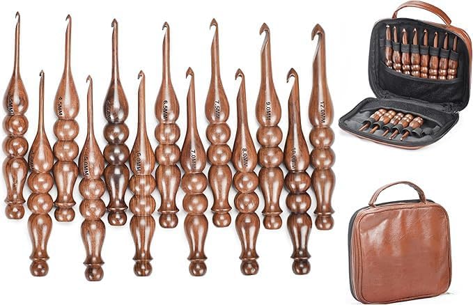Wooden Crochet Hooks Set of 13 for Arthritic Hands | Ergonomic Soft Grip Handcrafted Knitting Needle for Crocheting and Knitting (Brown (Crochet - 5))