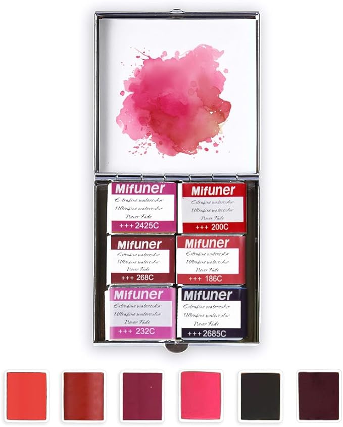 Mini Portable Handmade Artist Watercolor Paint Travel Metallic Box Set with 6 Solid Watercolor Half Pans (Each Capacity Approx 1.5ml).Mix Color 08